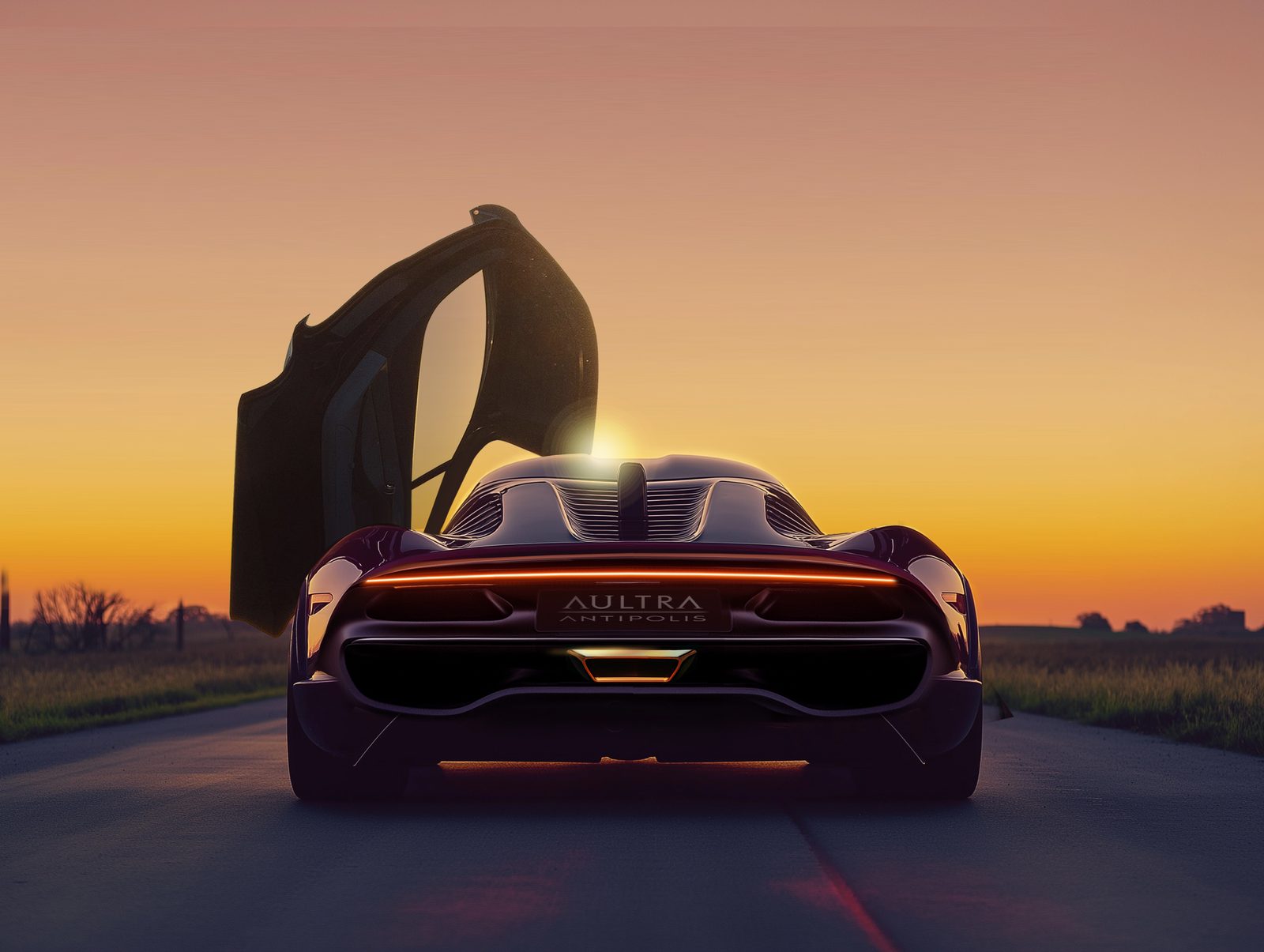 AULTRA hypercar rendering with open butterfly doors at dusk