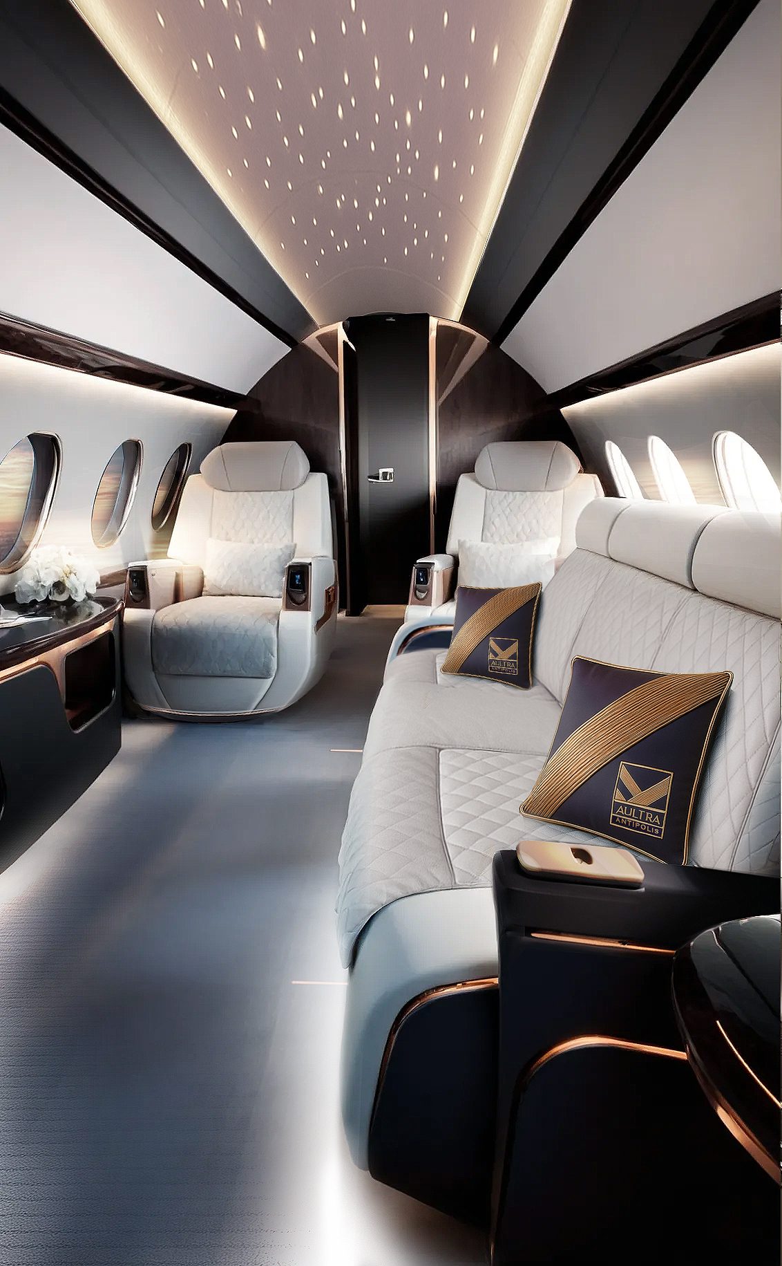 AULTRA aviation interior — private jet cabin in dark leather